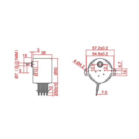 Technical diagram of Low Speed 220V Permanent Magnet Synchronous Motor With Reversible Metal Gear Drive 1 To 50 RPM Beefy Torque.