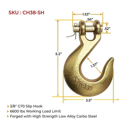 Three Eighths Inch Clevis Slip Hook With Wide Throat, 6600 Lbs WLL Grade 70 Tow Chain Hook For Truck Trailer Tie Down, Heavy Duty Metal Hook For Webbing, Chain, Master Links And Shackles, 10 Pack detailed dimensions