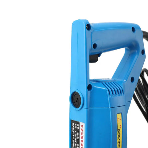 Close-up of Heavy Duty Electric Hydraulic Angle Steel Cutter 1400W Portable Chamfering Machine handle with power button.