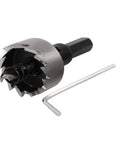 Rugged HSS Hole Saw Cutter With Spring Loaded Twist Drill Bit, 22.5mm Hole Saw Dia, includes hex wrench, isolated view.