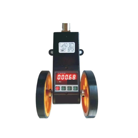Heavy Duty Cable Length Measuring Wheel With Crisp Digital Console And Dead On Industrial Yard Counter Controller For Smooth Roll Tracking and Tight Tolerance Precision, front view showing digital readout and wheels.