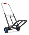Folding Hand Truck Portable Cart With Heavy Duty Iron Frame And Smooth Rolling Rubber Wheels Quick Fold Design Medium Size 22mm Pipe Diameter Straps For Secure Hauling, black with blue wheels