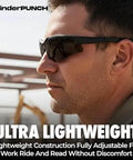 Side view of a person wearing Built In Bifocal Safety Sunglasses With Magnifier For Reading And Work ANSI Z87 Impact Resistant Sun Readers.