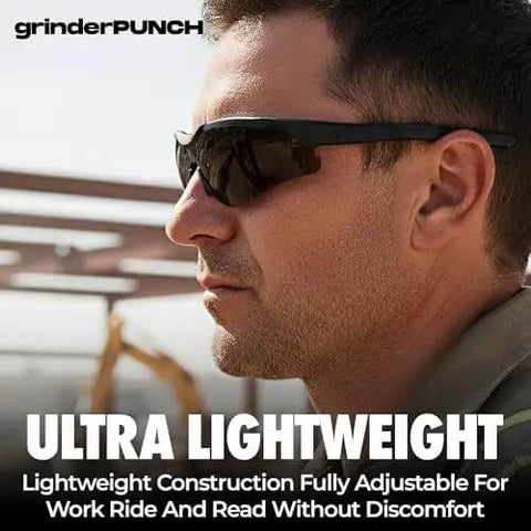 Side view of a person wearing Built In Bifocal Safety Sunglasses With Magnifier For Reading And Work ANSI Z87 Impact Resistant Sun Readers.