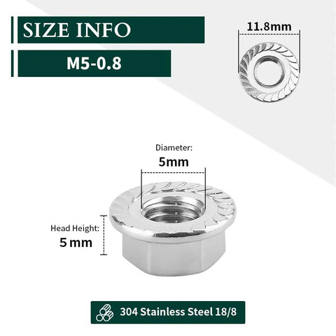 Pro Grade M5 0.8 Serrated Flange Hex Nuts Forged From Pure 304 Stainless Steel showcasing size 11.8mm and 5mm dimensions.