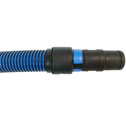 16 Foot Antistatic Wet And Dry Vacuum Hose With Universal Power Tool Adapter For Shop Vacs, blue and black hose connection close-up