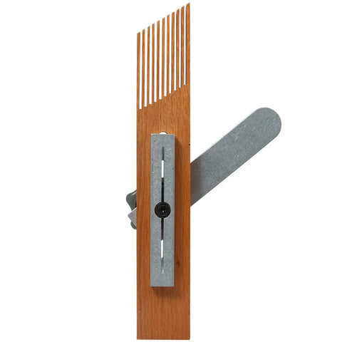Heavy Duty Wooden Featherboard For Table Saws Stops Kickback Dead with metal clamp, view of side profile, ideal for safe cuts.