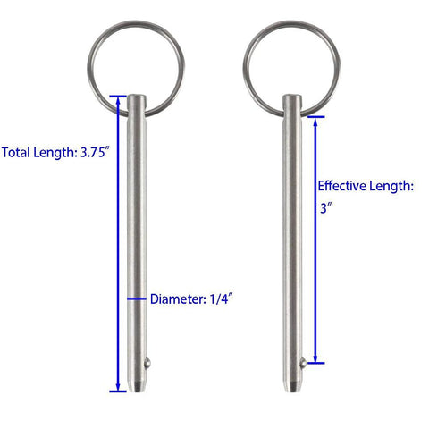 Front view: four stainless steel quick-release pins with rings, 1/4 in diameter, 3.75 in length for marine bimini top