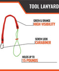 Image of a green and orange high-visibility tool lanyard with screw lock carabiner, part of Full Body Safety Harness 3 Piece Fall Protection Kit.
