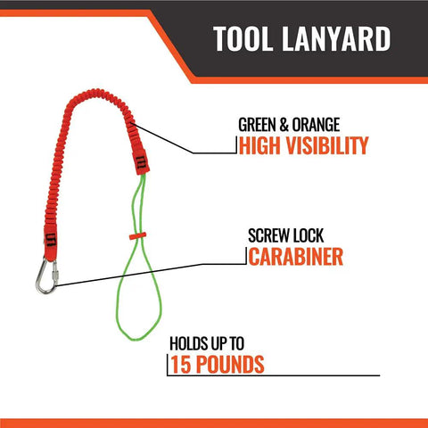 Image of a green and orange high-visibility tool lanyard with screw lock carabiner, part of Full Body Safety Harness 3 Piece Fall Protection Kit.