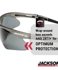 Heavy Duty Safety Glasses With Hard Coated Anti Scratch Polarized Lenses For Crisp Vision And Slip On Fit Ansi Z87 Certified Eye Protection That Handles The Daily Grind Pack Of 12 For Work Sites showing wrap-around lens and frame detail.
