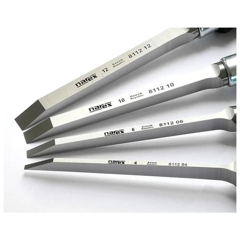 Rock Solid Mortise Chisel Set For Fine Woodworking And Shop Projects Featuring Tapered Cr Mn Steel Blades in multiple sizes.
