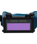 Heavy Duty Auto Darkening Welding Goggles With Clear Blue Lens For Arc And TIG Welding front view showing purple filter and dual pane protection.