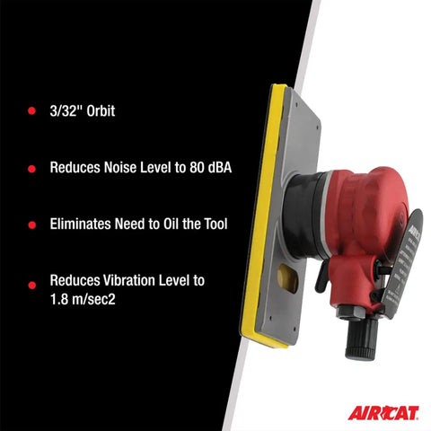 Jitterbug Sander Three Thirty Second Inch Orbit 10000 RPM Lubrication Free Air Motor Anti Vibration Tech Quiet Silencing System side view