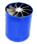 Blue Turbo Air Intake Booster With Dual Turbine Design, Gas Saver Fan, And High Speed Supercharger That Fits 65mm To 74mm Hoses.