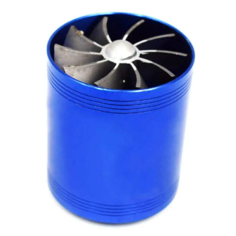 Blue Turbo Air Intake Booster With Dual Turbine Design, Gas Saver Fan, And High Speed Supercharger That Fits 65mm To 74mm Hoses.
