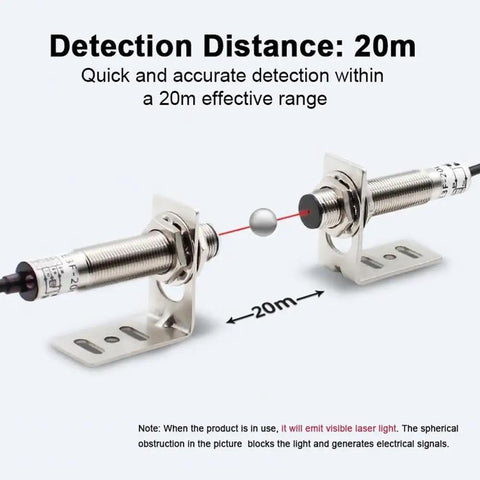 Outdoor Ready Photoelectric Switch With 0 To 20 Meter Laser Sensor Through Beam Reflection Type Optical Sensor 6 To 36 Volt Proximity Switch NO Output 12 Millimeter Mount IP66 Weatherproof For Gates Doors And Industrial Use, showing 20m detection distance with brackets