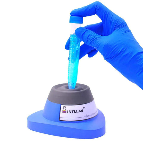 Touch-Activated Lab Vortex Mixer, No-Brainer Compact 50mL Capacity For Test Tubes And Centrifuge Tubes, Quick 5-Second Spin, Durable Brushless DC Motor, Polycarbonate Body With Silicone Clamp, Great For Gel Polish And Eyelash Adhesives, with gloved hand holding tube