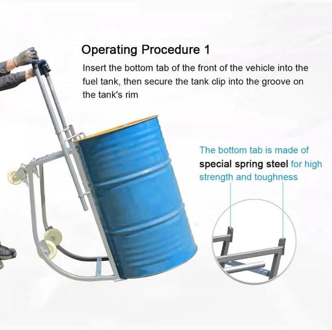 Heavy Duty Mobile Drum Cradle With Swivel Casters And An Iron Grade Rolling Barrel Dolly for easy tipping of a blue barrel.