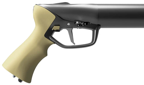 Mach Pneumatic Speargun Sand 110 handle and trigger, designed for easy handling and quick draw. High power offset shaft.