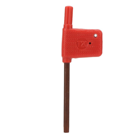 Front view of red plastic T20 Torx-handled tool with brown steel shaft