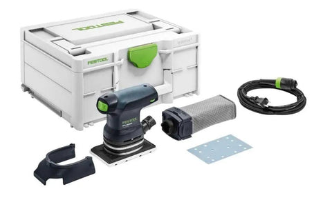 Finish Orbital Sander RTS 400 REQ Plus with 250W motor, ergonomic grip, and accessories beside a storage case.