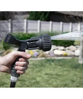 Heavy Duty Seven Pattern Firemans Hose Nozzle With Adjustable Pressure Rust Proof Yard Sprayer Tough As Nails For Garden Cleanup image featuring spray in use