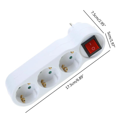Heavy Duty Eu Standard 3 Way Power Strip Adapter With Two Pin Round Holes Compact White Wall Outlet Converter 250V 16A showing three sockets and a power switch.