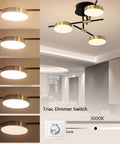 3 Light Dimmable LED Semi Flush Mount Ceiling Light Fixture in Modern Gold and Black with brightness settings displayed