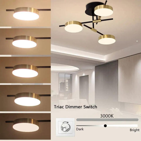 3 Light Dimmable LED Semi Flush Mount Ceiling Light Fixture in Modern Gold and Black with brightness settings displayed