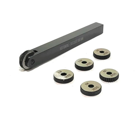 Single Wheel Knurling Tool Holder For Knurling Operations With Multiple Pattern Options And Straight Or Diagonal Knurls 10 By 10 By 100 mm Size Built As A Workhorse From Durable Tool Steel With Six HSS Knurls Included KTH6HSS, showing tool and spare knurls.