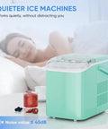 Portable Ice Maker with Self Cleaning System and Scoop Delivers Fresh Ice in Under 6 Minutes for Any Countertop Vibes Comes Complete with Storage Basket for Effortless Serving while Bullet Shaped Cubes Ensure Your Beverages Stay Frosty During Weekend next to a woman sleeping in a cozy bedroom.