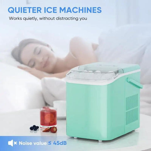 Portable Ice Maker with Self Cleaning System and Scoop Delivers Fresh Ice in Under 6 Minutes for Any Countertop Vibes Comes Complete with Storage Basket for Effortless Serving while Bullet Shaped Cubes Ensure Your Beverages Stay Frosty During Weekend next to a woman sleeping in a cozy bedroom.