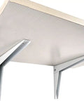 Hella Sturdy Wall Mount Shelf Brackets, Heavy Duty Corner Supports, Foldable L Shape Braces under a wooden shelf. 