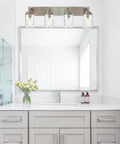 4-Light Vanity Light Fixture In Satin Nickel With Hammered Glass Shades for over mirror wall mount in modern bathroom