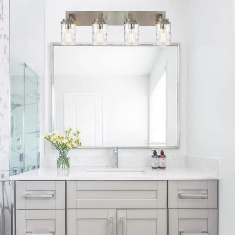 4-Light Vanity Light Fixture In Satin Nickel With Hammered Glass Shades for over mirror wall mount in modern bathroom