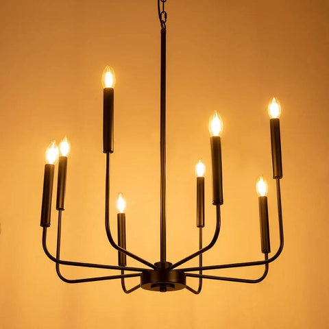 Eight Light Modern Farmhouse Black Chandelier For Dining Room And Living Areas Matte Black Candle Style Ceiling Fixture