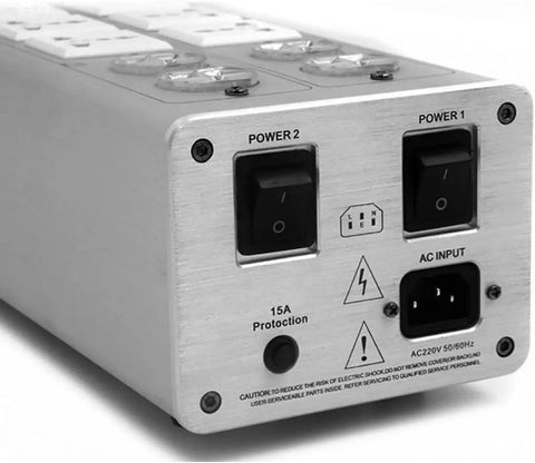 Beefy 3000W 15A Audio Power Conditioner Featuring Patented Dual Inductor Design And Top Shelf Wima Caps For Clean High Fidelity Rig And Zero Static Nonsense rear view showing power switches and AC input.