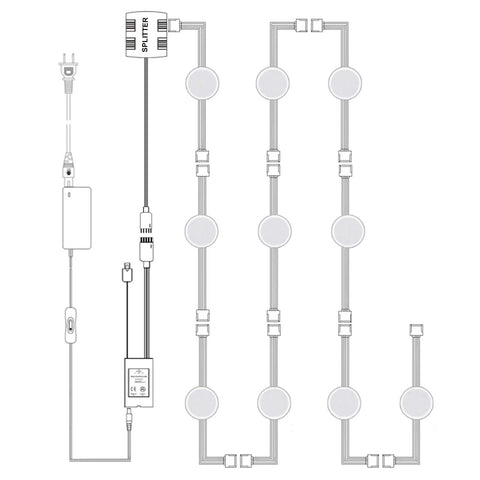 Diagram of Under Cabinet LED Light Kit Dope 24V RGBW Puck Lights Linkable and Dimmable with wiring and splitter setup.
