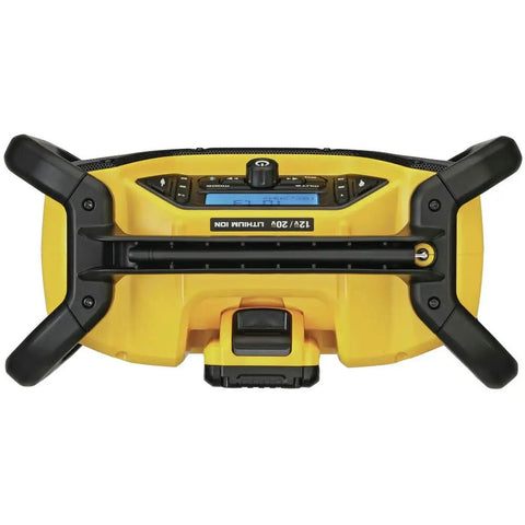 Top view of 12V and 20V Max Portable Bluetooth Radio With Dual 3.5 Inch Subwoofers and 1 Inch Tweeters For Stereo Sound Rugged Jobsite