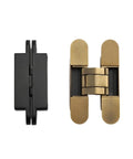 Invisible Door Hinges With 3D Adjustable Concealed Design in shiny gold and black finish on white background
