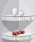 Mirrored Corner Shelf Set Two Pack 11.8 Inch By 2 Inch Silver Mosaic Glass Floating Ledge with decor items displayed