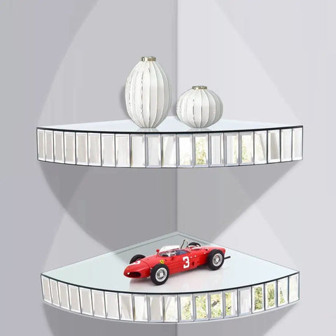 Mirrored Corner Shelf Set Two Pack 11.8 Inch By 2 Inch Silver Mosaic Glass Floating Ledge with decor items displayed