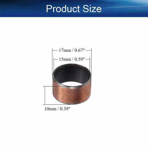 Heavy Hitter Sleeve Bearings, 15mm Bore 17mm OD 10mm Length, tough oilless bronze bushing with dimensions displayed.