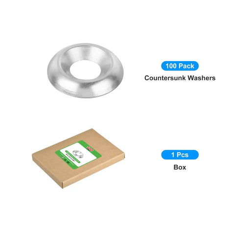 Built Tough Size Eight Countersunk Washers, 100 Pack Nickel Plated Steel Gaskets, showing single washer and packaging.