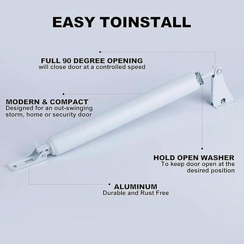 Heavy Duty Pneumatic Door Closer For Storm Screen Doors With Hold Open, Adjustable Quiet Close, White Aluminum