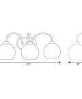 Carisa Collection 3-Light Opal Glass Bath Vanity Light In Vintage Gold Finish With White Globe Shades dimensions sketch