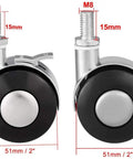Heavy Duty 2 Inch Swivel Furniture Casters With Locking Brake M8 Threaded Stem Replacement Roller Wheels Roll Smooth Every Time Rock Solid Cabinet Upgrade Hassle Free 4 Pack Setup, detailed view of caster wheels with M8 threaded stem.
