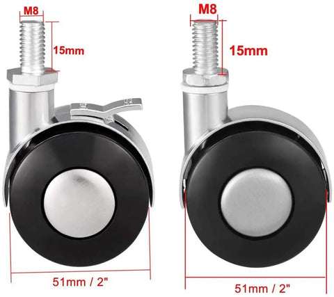 Heavy Duty 2 Inch Swivel Furniture Casters With Locking Brake M8 Threaded Stem Replacement Roller Wheels Roll Smooth Every Time Rock Solid Cabinet Upgrade Hassle Free 4 Pack Setup, detailed view of caster wheels with M8 threaded stem.