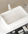 20'' Rectangular Vessel Ceramic Bathroom Sink without Faucet, Striped, White, top view on vanity counter.